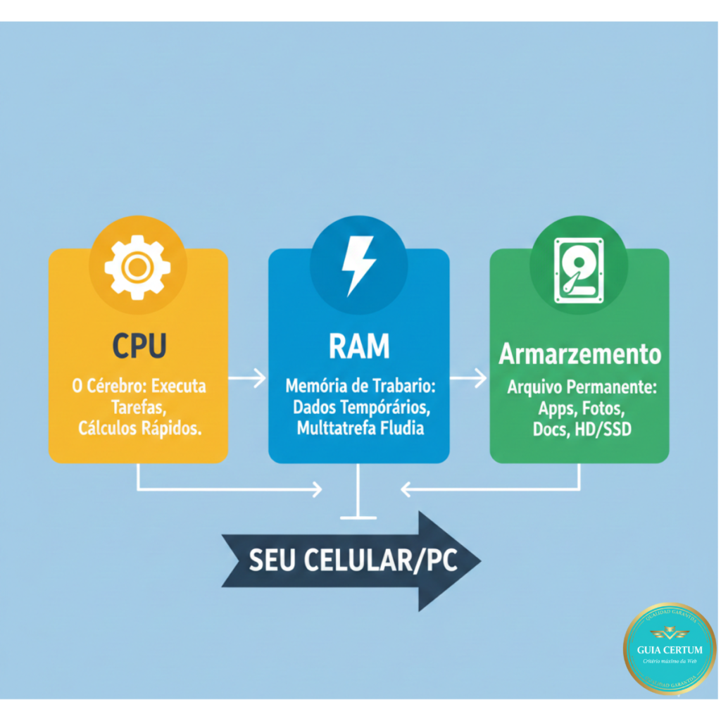 Infográfico simples explicando CPU, RAM e Armazenamento e suas funções.