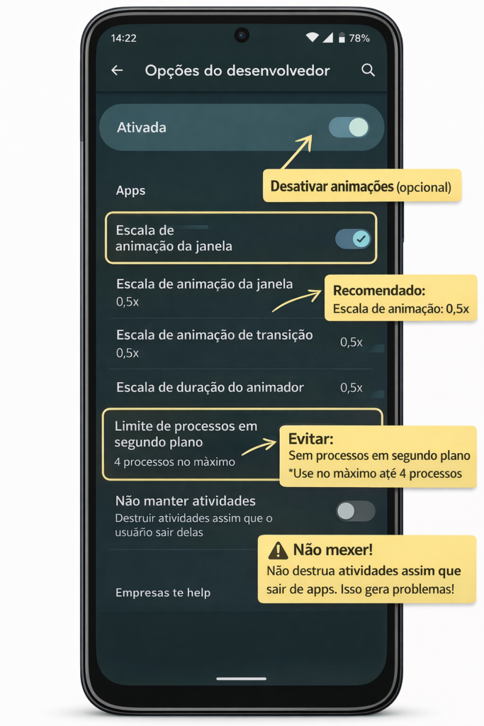 Print explicativo das Opções do Desenvolvedor com ajustes seguros