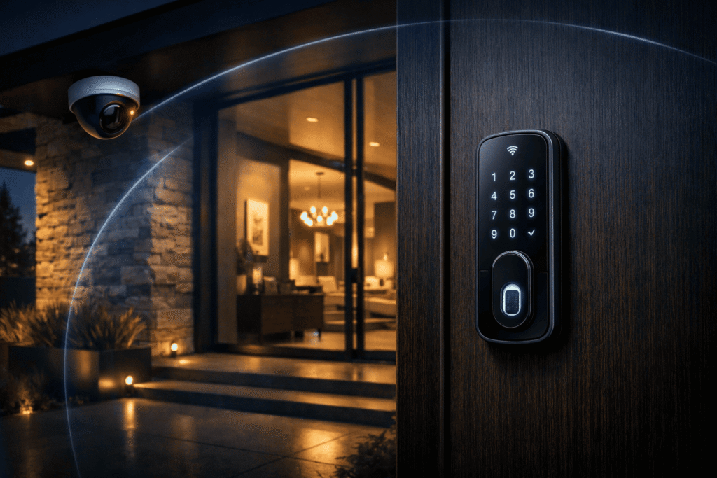 Guia de segurança residencial 2026 com fechadura digital e câmera Wi-Fi em casa inteligente moderna.