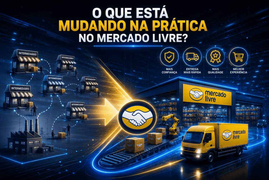 Ilustração da nova estratégia do Mercado Livre, mostrando centros de distribuição, logística própria e maior integração entre fabricantes e consumidores.