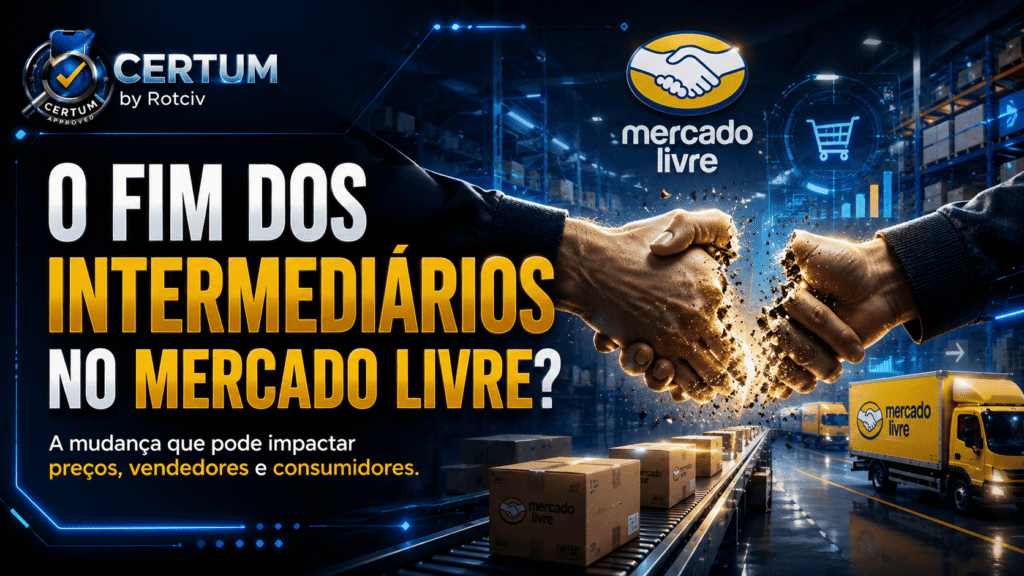 Capa do portal CERTUM sobre o fim dos intermediários no Mercado Livre com ilustração de logística e e-commerce em 2026.
